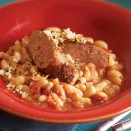 Sausages and White Bean Stew with Tomatoes, Thyme and Crisp Breadcrumbs