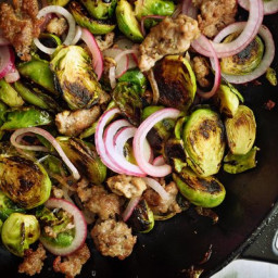Sautéed Brussels Sprouts With Sausage and Pickled Red Onion