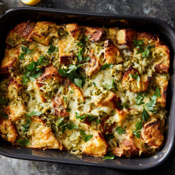 Savory Bread Pudding With Artichokes, Cheddar and Scallions