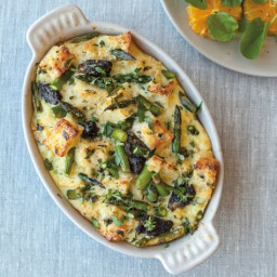 Savory Bread Pudding with Spring Vegetables and Herbs