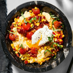 Savory Breakfast Polenta Bowls with Pancetta and Poached Eggs