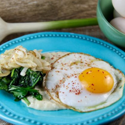 Savory Breakfast Polenta with Eggs, Sautéed Onions, and Spinach