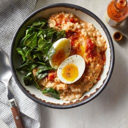 Savory Oatmeal with Cheddar, Collards and Eggs