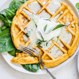 Savory Sweet Potato Waffles with Sage Butter Gravy and Spinach
