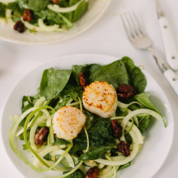 Scallop and Apple Noodle Spinach Salad with Spiced Walnuts