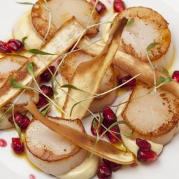 Scallops with curried parsnip purée, parsnip crisps and pomegranate