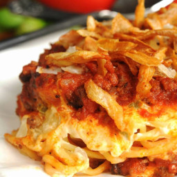 Scooter's Baked Spaghetti with French-Fried Onion Rings