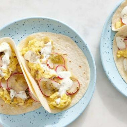 Scrambled Egg & Tomatillo Tacos with Cheese, Onion & Radishes