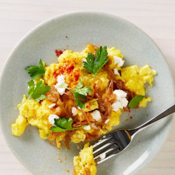 Scrambled Eggs with Caramelized Onions and Chèvre