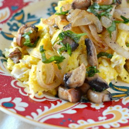 Scrambled Eggs with Caramelized Onions, Mushrooms, and Fresh Basil