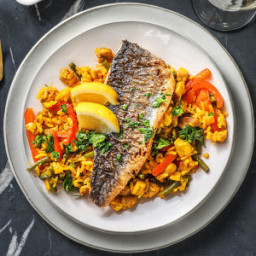 Sea Bass on Saffron Rice with Chicken and Parsley & Lemon Oil