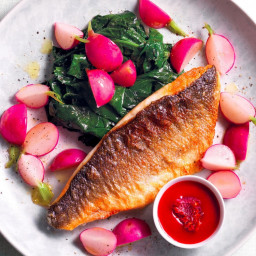 Sea Bass, Spinach and Radishes With Raspberry Sauce