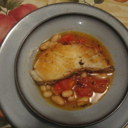 Sea Bass with white beans in tomato-rosemary broth