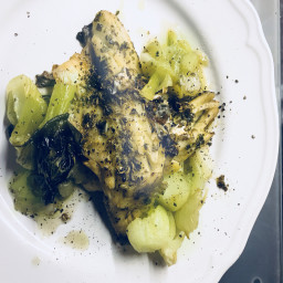 Seabass with Pac Choi in Fennel Sauce and Mange Tout