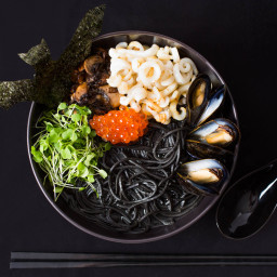 Seafood Ramen With Squid Ink, Mussels, and Salmon Roe Recipe