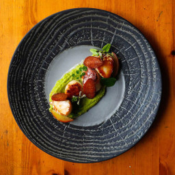 Seared Bay Scallops with Pea Purée and Radishes