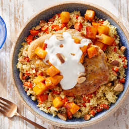 Seared Chicken & Currant Couscous with Tomato Chutney-Glazed Apple