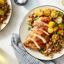 Seared Chicken & Purple Barley with Brown Butter, Corn, & Tomatoes
