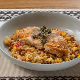 Seared Chicken and Fregola Sardawith Salsa Verde, Corn and Tomato