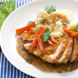 Seared Chicken and Mashed Potatoes with Maple-Glazed Carrots and Pan Sauce