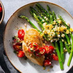 Seared Chicken Breasts with Tomato Salsa, Asparagus, and Chopped Eggs