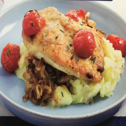 Seared Chicken & Caramelized Vegetables with Cherry Tomatoes & Mashed Potat