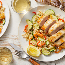 Seared Chicken over Couscous with Peppers, Zucchini, & Caper-Butter Sau