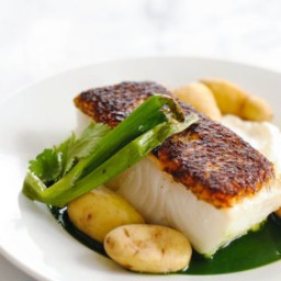 Seared Chilean Sea Bass with Potatoes & Herb Sauce