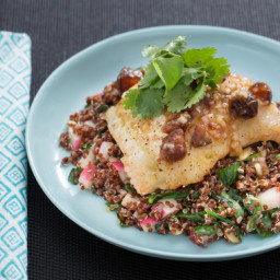 Seared Cod and Date Vinaigrettewith Browned Butter, Quinoa and Spinach Sala