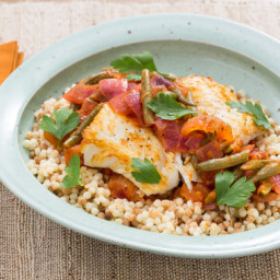 Seared Cod and Fregola Sardawith Braised Summer Vegetables
