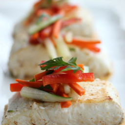 Seared Halibut with Cucumber Slaw and Chili Coconut Cream