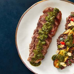 Seared NY Strip Steaks & Chimichurri with Roasted Zucchini & Quinoa
