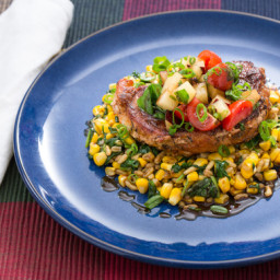 Seared Pork Chops and Kamutwith Corn, Spinach and Stone Fruit-Cherry Tomato
