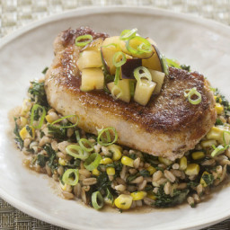 Seared Pork Chops and Plum Salsawith Corn, Kale and Farro Salad