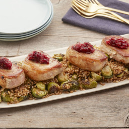 Seared Pork Chops with Farro, Brussels Sprouts & Cranberry Chutney