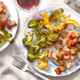 Seared Pork Chops with Roasted Vegetables and Maple-Mustard Sauce