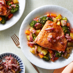 Seared Salmon & Harissa Vegetables with Roasted Red Onion Vinaigrette