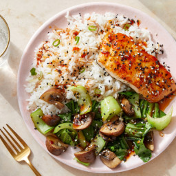 Seared Salmon & Spicy Sesame Sauce with Bok Choy & Mushrooms