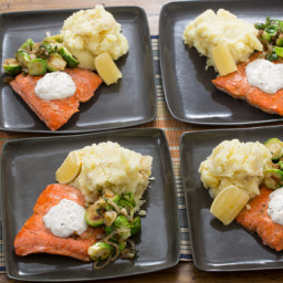 Seared Salmon and Apple Mashed Potatoeswith Brussels Sprouts and Horseradis