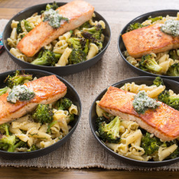 Seared Salmon and Campanelle Pastawith Roasted Broccoli and Lemon-Herb Butt