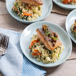 Seared Salmon and Chestnut-Butter Saucewith Carrots, Spinach and Rice