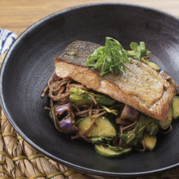 Seared Salmon and Miso Soba Noodle Saladwith Fairy Tale Eggplant and Baby G