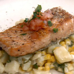 Seared Salmon over Risotto Style Potatoes and Corn