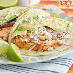 Seared Salmon Tacos with Honey-Lime Slaw and Sriracha Ranch