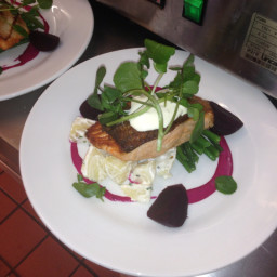 Seared salmon with beet root and horse radish creme friache