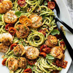 Seared Scallop Pesto Pasta with Pine Nuts & Roasted Tomatoes – PWWB