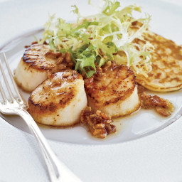 Seared Scallops and Corn Cakes with Bacon Vinaigrette