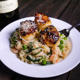 Seared Scallops with Shrimp, Herb and Spring Vegetable Risotto