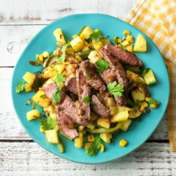 Seared Steak and Creamy Chipotle Pan Sauce with Poblano, Corn, and Crispy P