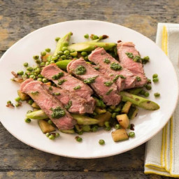 Seared Steak with Spring Veggie Succotash and Mint-Chive Pesto